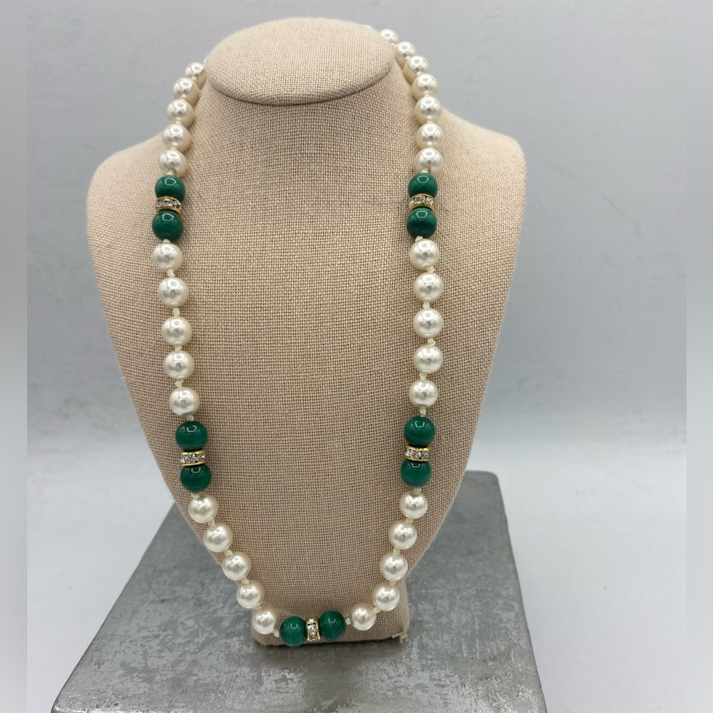 Vintage Hand Knotted Pearls With Green Beads/Gold Accents Rhinestones Necklace